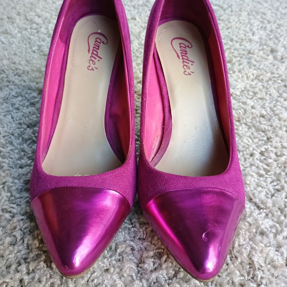 Pink Suede Candie's Heels with Patent Toe Women's 7.5